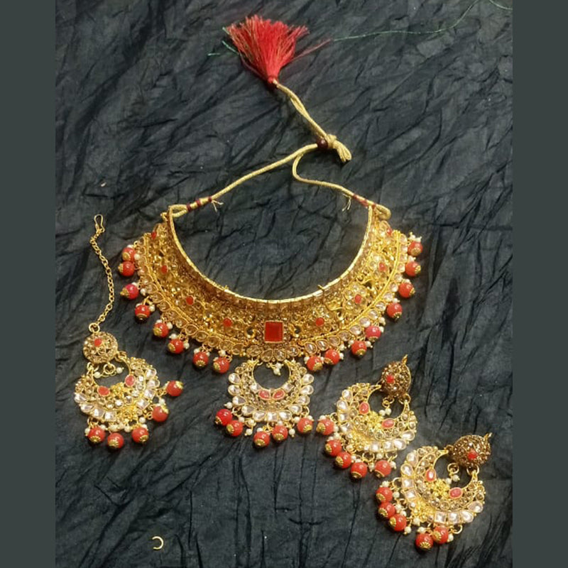 Kumavat Jewels Gold Plated Kundan Stone And Beads Traditional Choker Necklace Set with Maang Tikka