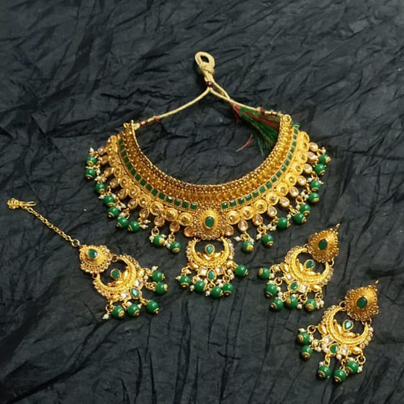 Kumavat Jewels Gold Plated Kundan Stone And Beads Traditional Choker Necklace Set with Maang Tikka