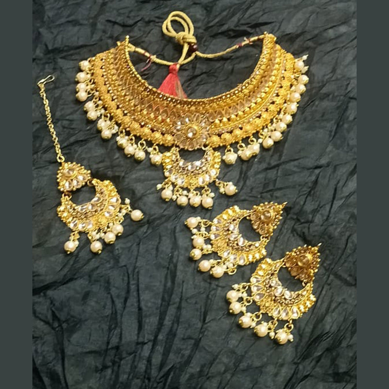 Kumavat Jewels Gold Plated Kundan Stone And Beads Traditional Choker Necklace Set with Maang Tikka