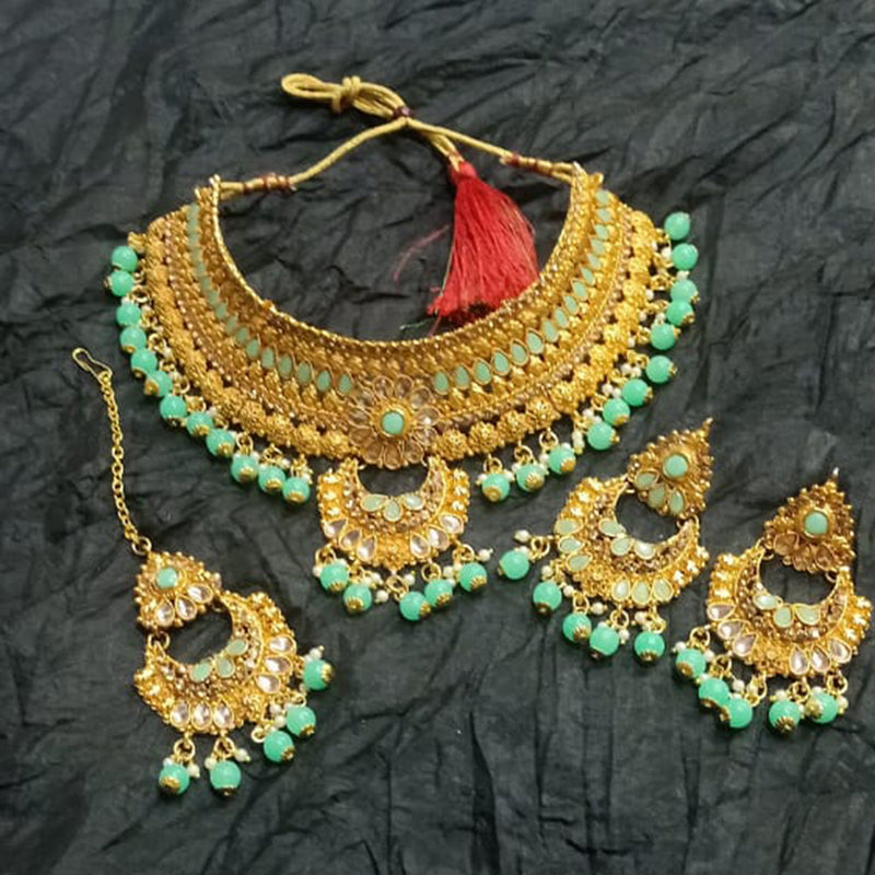 Kumavat Jewels Gold Plated Kundan Stone And Beads Traditional Choker Necklace Set with Maang Tikka