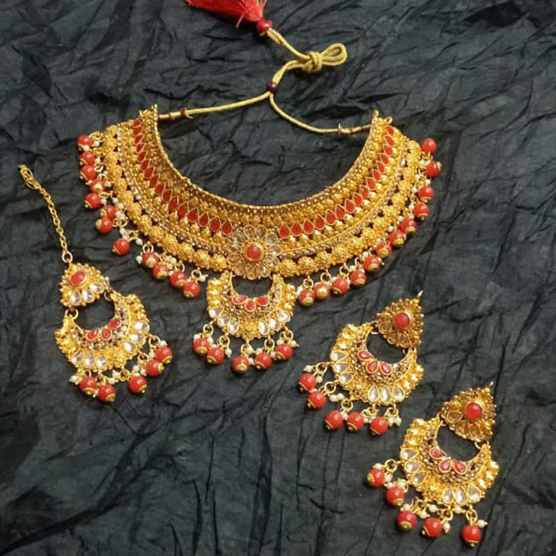 Kumavat Jewels Gold Plated Kundan Stone And Beads Traditional Choker Necklace Set with Maang Tikka