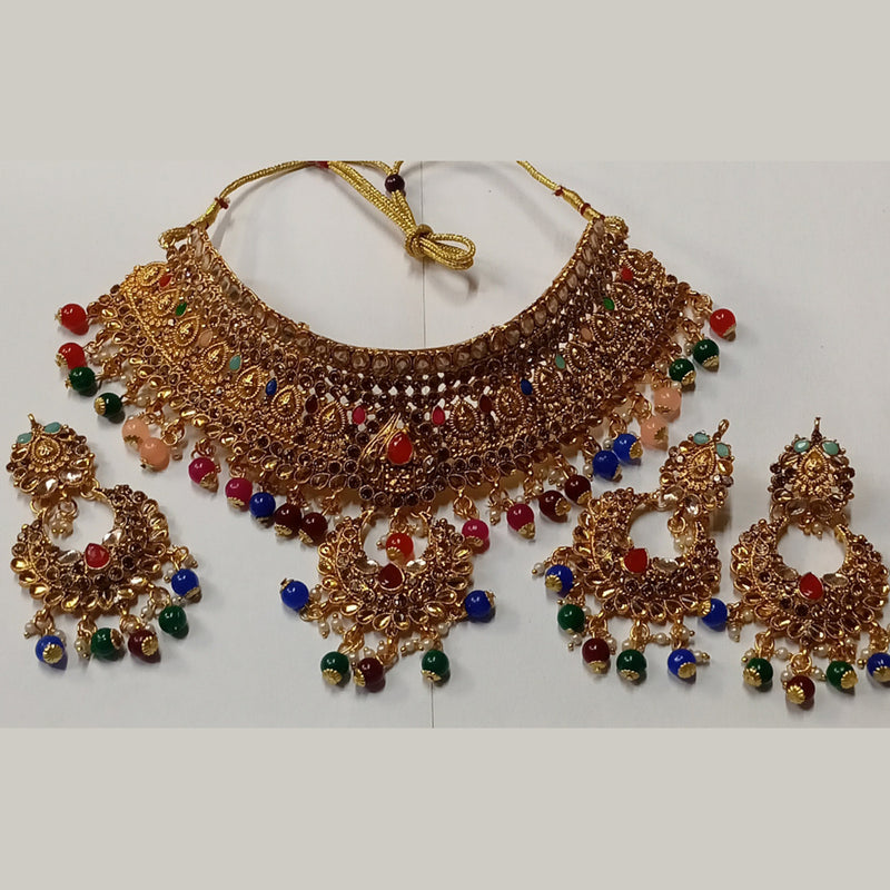 Kumavat Jewels Gold Plated Kundan Stone And Beads Traditional Choker Necklace Set with Maang Tikka