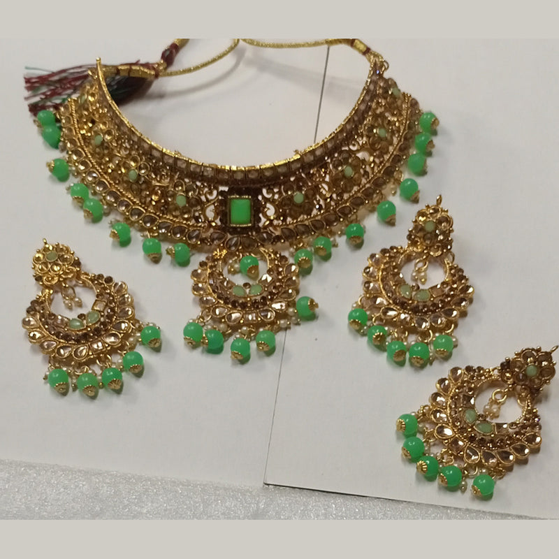 Kumavat Jewels Gold Plated Kundan Stone And Beads Traditional Choker Necklace Set with Maang Tikka