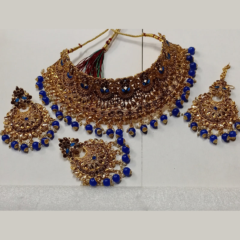 Kumavat Jewels Gold Plated Kundan Stone And Beads Traditional Choker Necklace Set with Maang Tikka