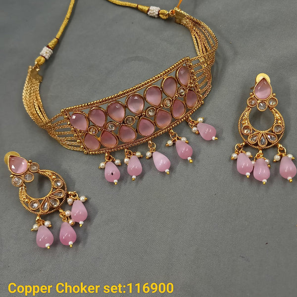 Padmawati Bangles Copper Gold Plated Crystal Stone & Beads Choker Necklace Set