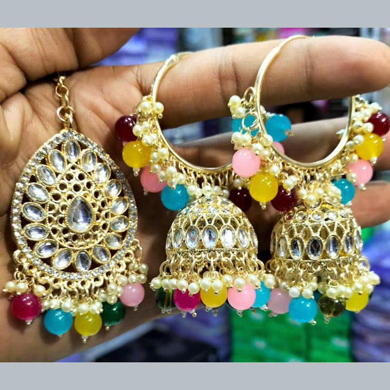 Manisha Jewellery Gold Plated Kundan & Beads Dangler Earrings With Maangtikka