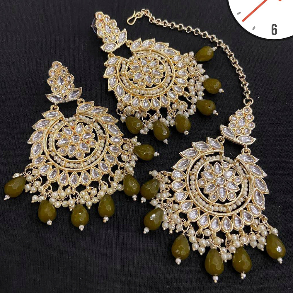 Manisha Jewellery Gold Plated Kundan & Beads Earrings With Maangtikka