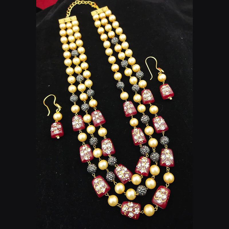 Manisha Jewellery Meenakari Work Pearls & Beads 3 Layer Long Necklace Set