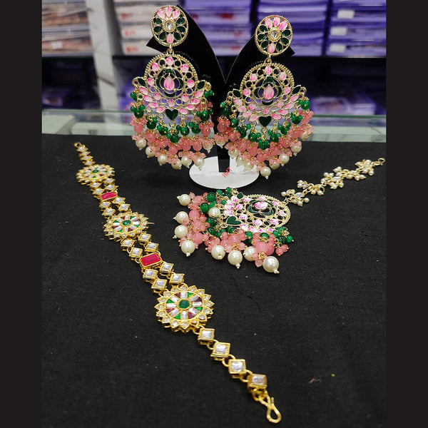 Lucentarts Jewellery Gold Plated Meenakari & Beads Earrings With Sheeshphool & Maangtikka