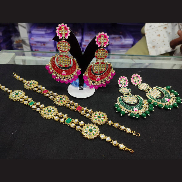 Lucentarts Jewellery Gold Plated Meenakari & Beads Earrings With Sheeshphool & Maangtikka Combo