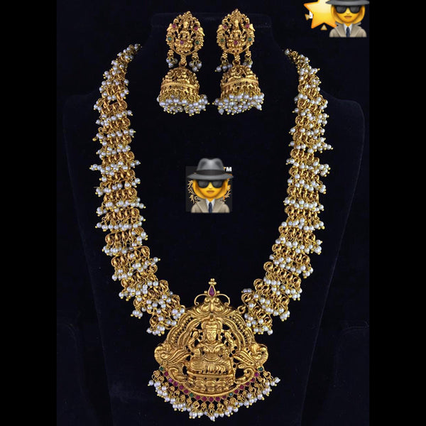 Sai Fashion Gold Plated Pota Stone Temple Design Long Necklace Set