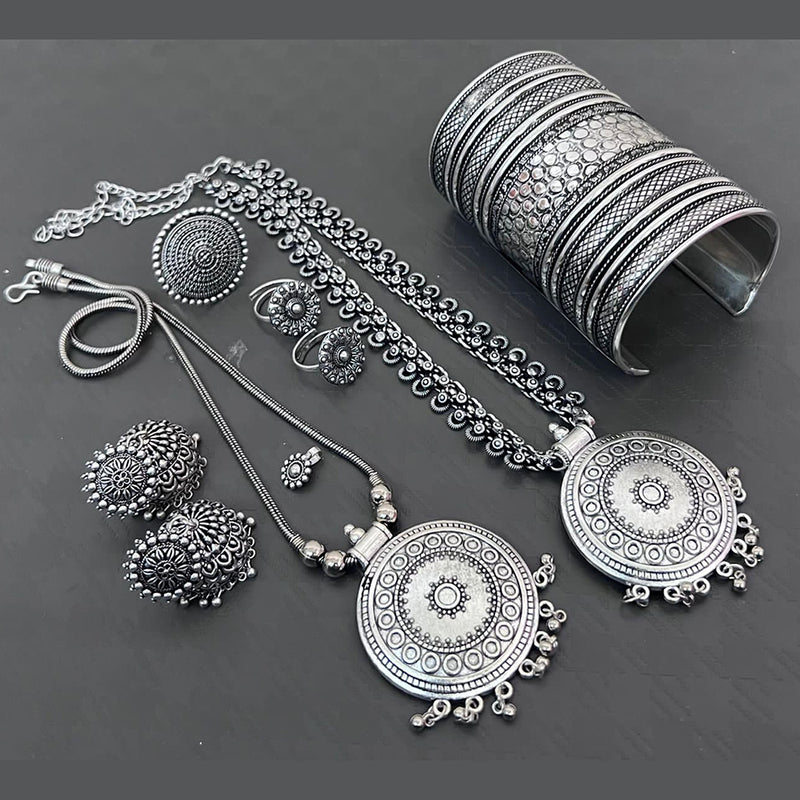 Vaamika Silver Plated Choker & Long Necklace Set With Nose Pin , Ring , Kada , Toe Ring