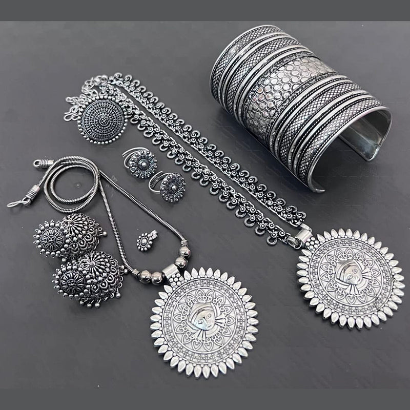 Vaamika Silver Plated Choker & Long Necklace Set With Nose Pin , Ring , Kada , Toe Ring