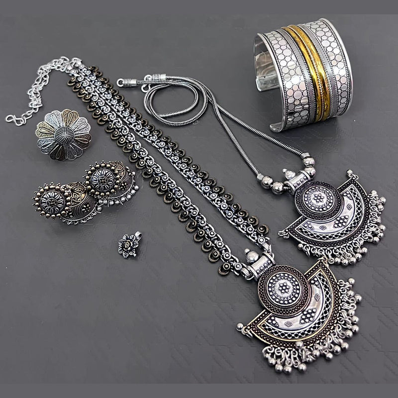 Vaamika 2 Tone Plated Choker & Long Necklace Set With Nose Pin , Ring , Kada