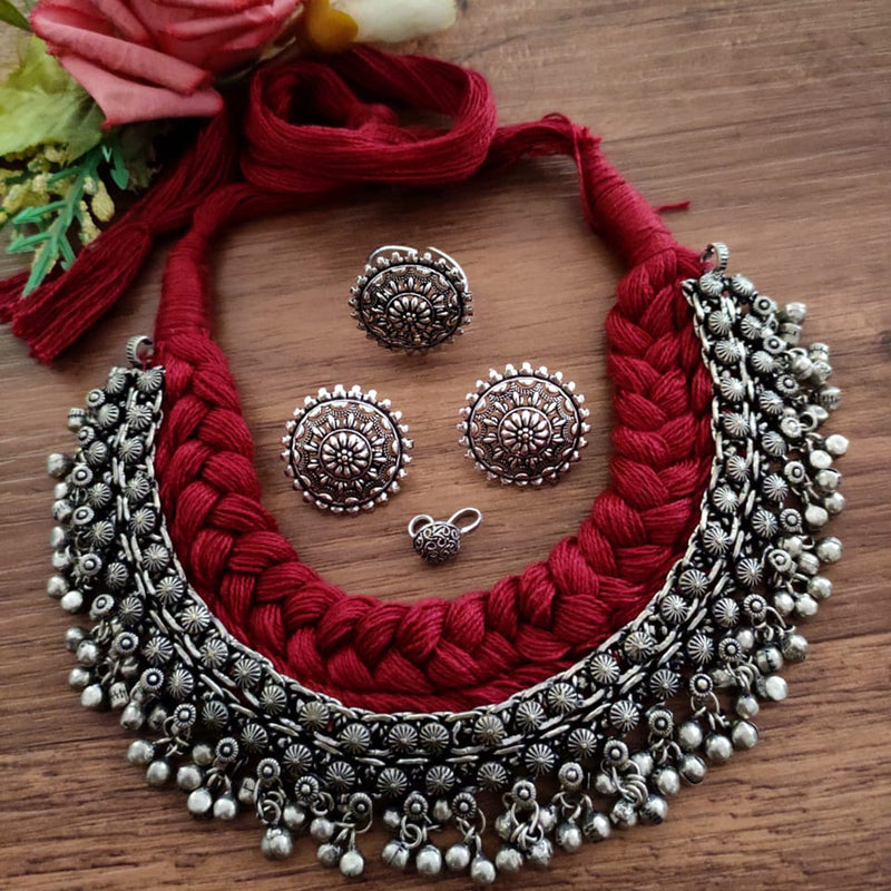 Vaamika Oxidized Plated Choker Necklace Set With , Ring , Nose Ring
