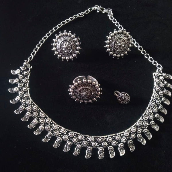 Vaamika Silver Plated Choker Necklace Set With Ring