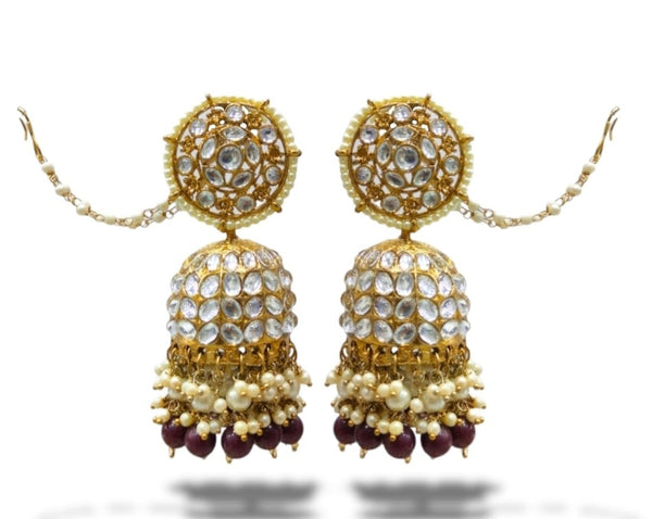 Blythediva Gold Plated Kundan Stone Jhumkis Earrings With Chain