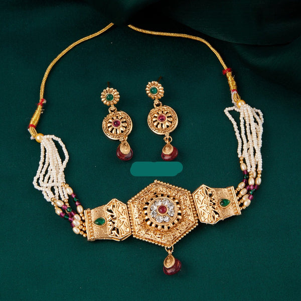 H K Fashion Gold Plated Pota Stone Choker Necklace Set