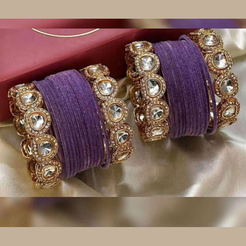 Pooja Bangles Gold Plated Crystal Stone Velvet Bangles Set