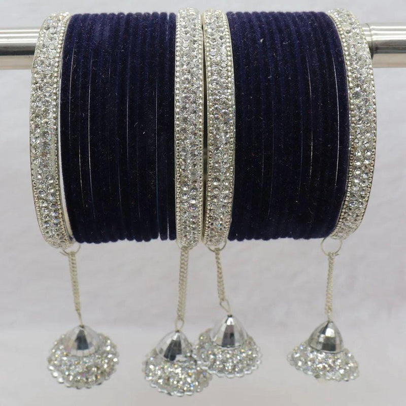 Pooja Bangles Silver Plated Austrian Stone And Velvet Bangles Set