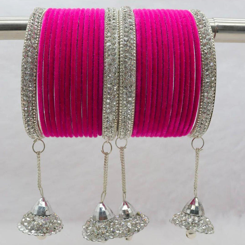 Pooja Bangles Silver Plated Austrian Stone And Velvet Bangles Set