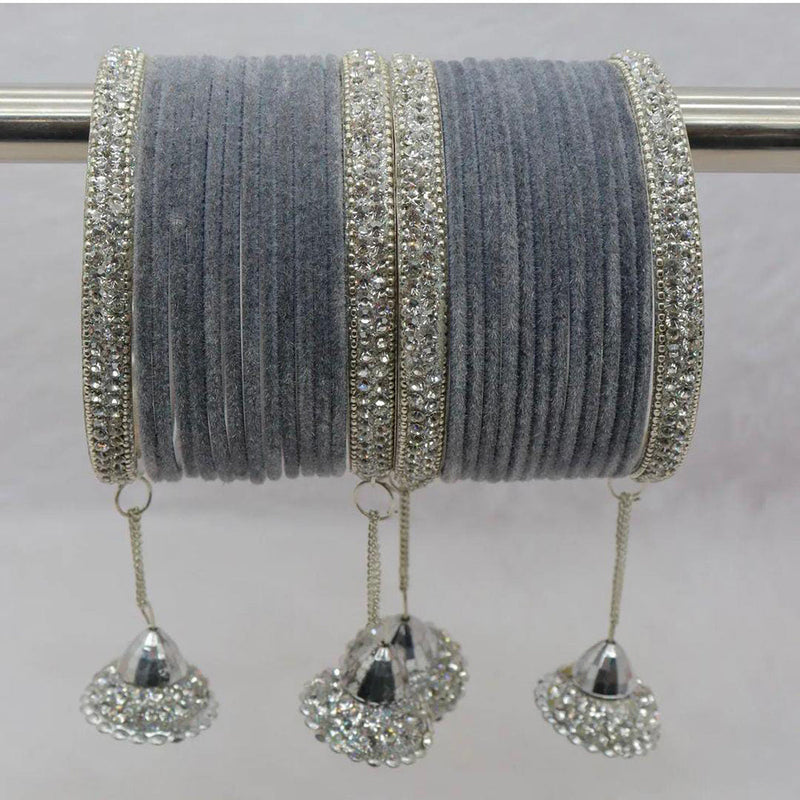 Pooja Bangles Silver Plated Austrian Stone And Velvet Bangles Set