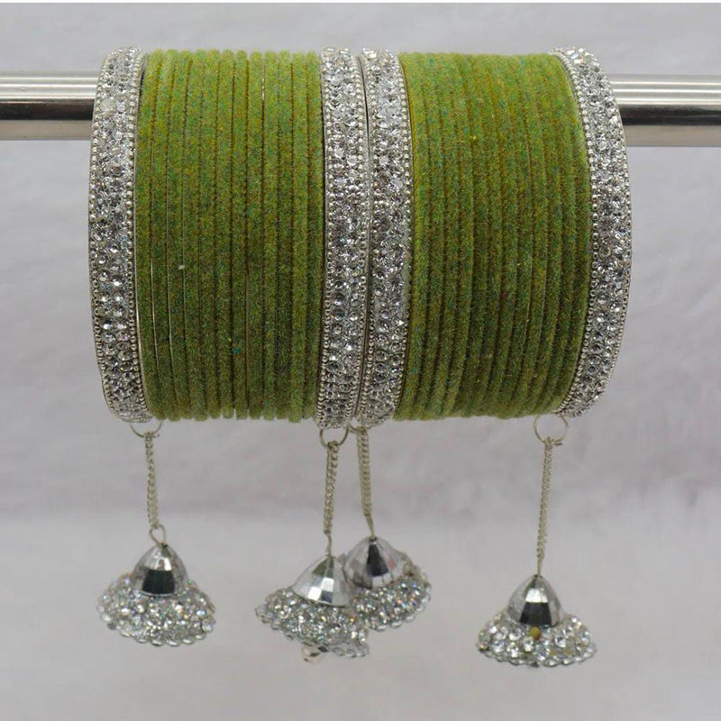 Pooja Bangles Silver Plated Austrian Stone And Velvet Bangles Set