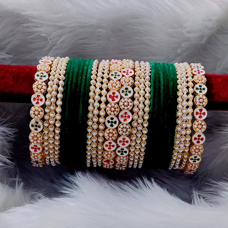 Pooja Bangles Meenakari And Pearl Velvet Bangles Set