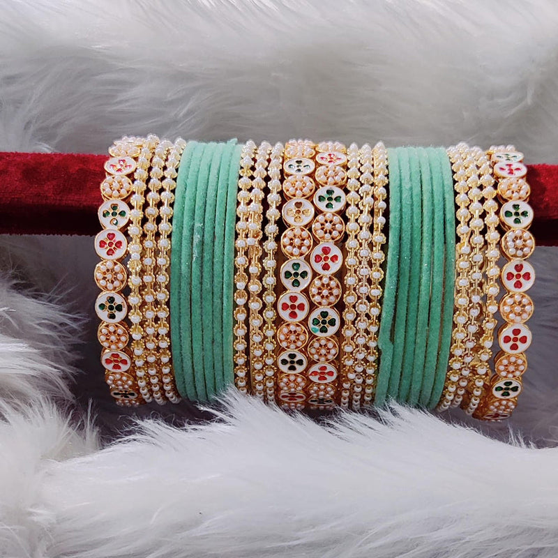 Pooja Bangles Meenakari And Pearl Velvet Bangles Set