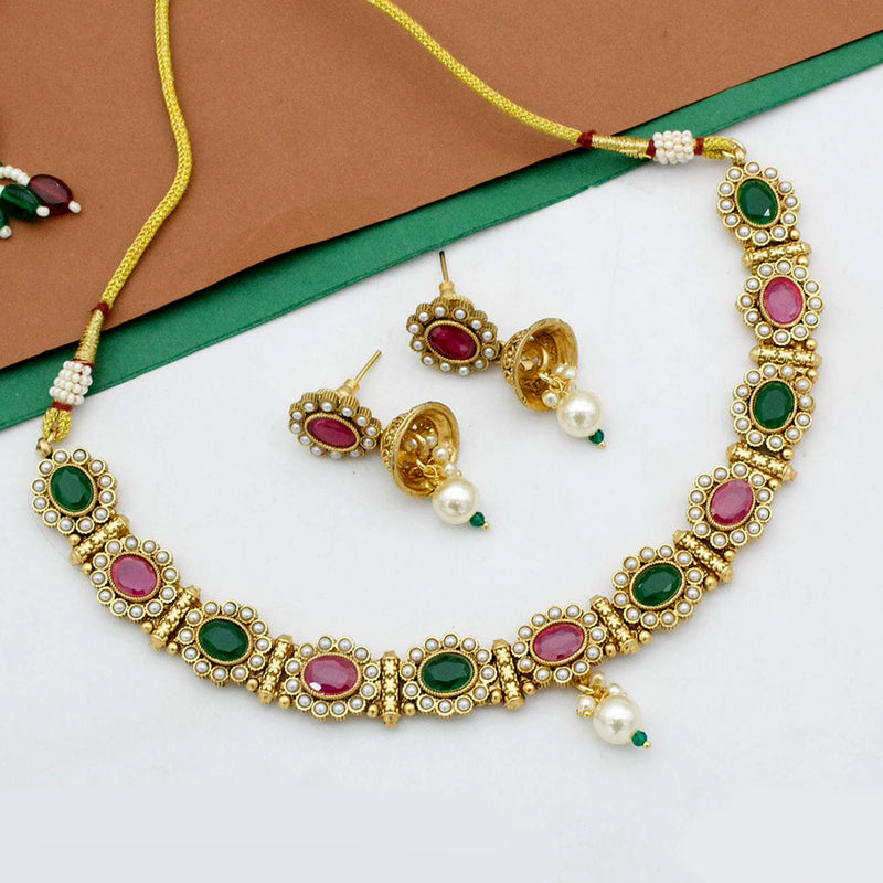 Hira Collections Gold Plated Pota Stone And Pearl Necklace Set
