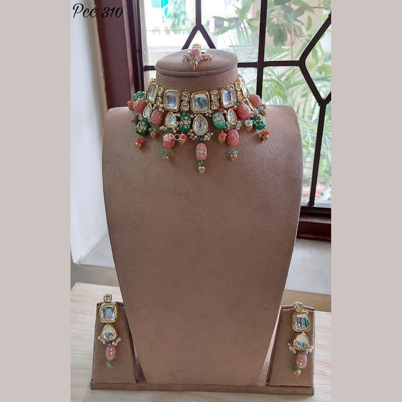Heera Jewellers Gold Plated Kundan Stone & Beads Choker Necklace Set
