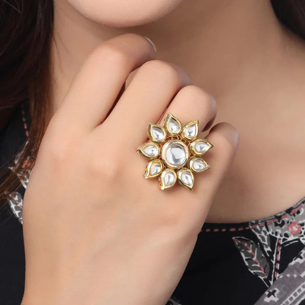 Heera Jewellers Gold Plated Kundan Stone Adjustable Ring