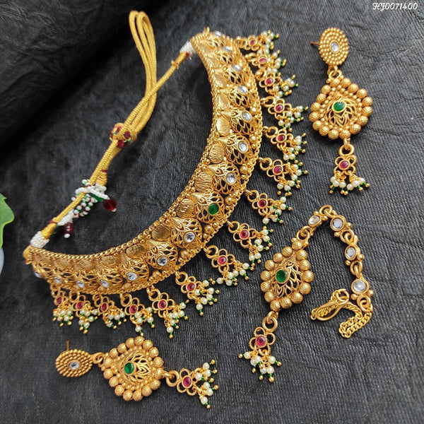Heera Jewellers Gold Plated Pota Stone & Beads Choker Necklace Set
