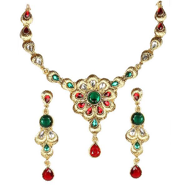 Kriaa Red And Green Kundan Gold Plated  Necklace Set - 1100506