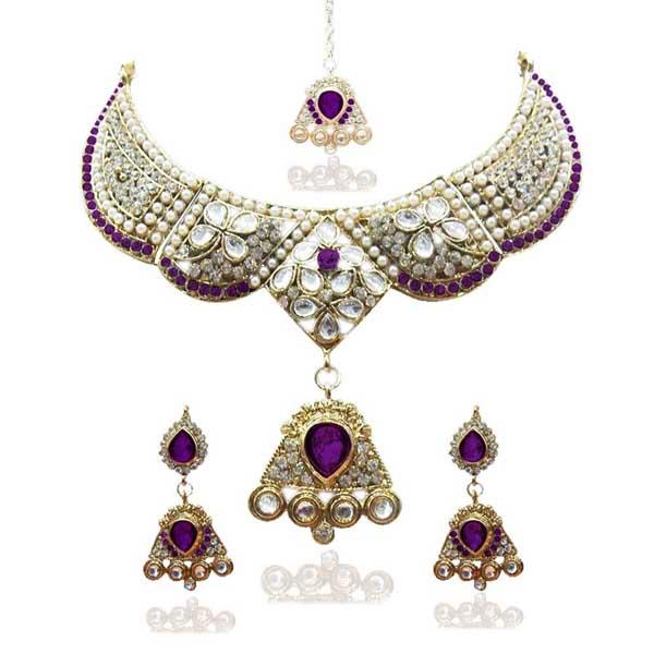 Kriaa Gold Plated Purple Austrian Stone Necklace Set - 1100613