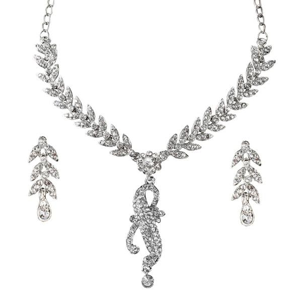 Kriaa White Austrian Stone Leaf  Rhodium Plated Necklace Set - 1101102