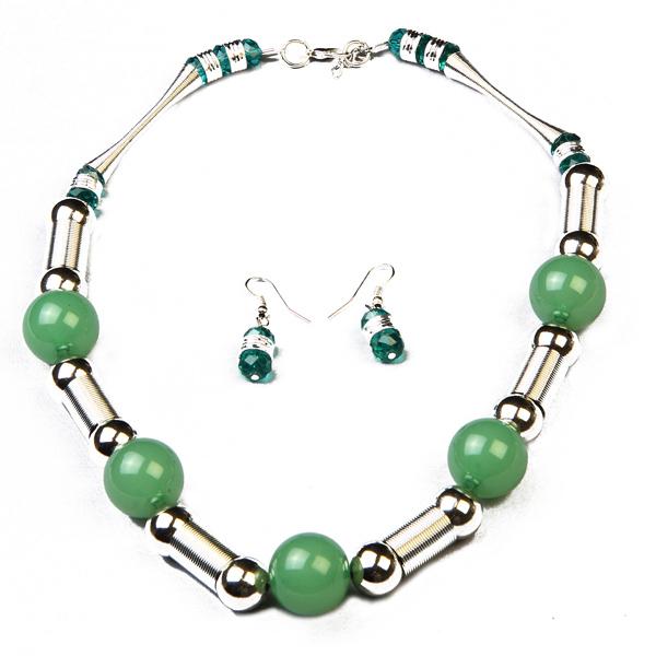 Beadside Green Beads Rhodium Plated Necklace Set - 1102509