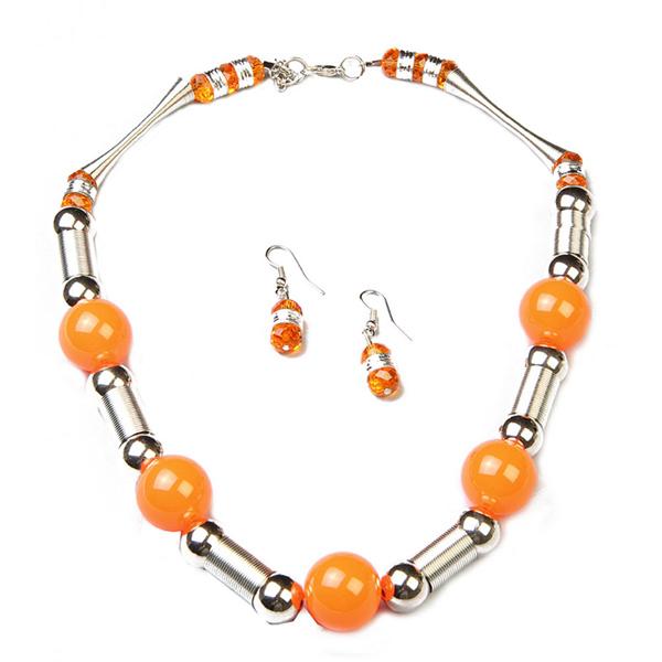 Beadside Orange Beads Rhodium Plated Statement Necklace Set - 1102512