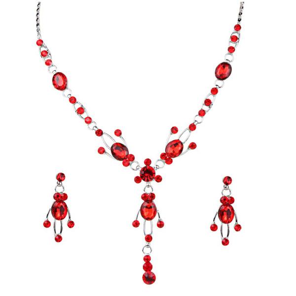 Urthn Red Austrian Stone Rhodium Plated Necklace Set - 1102822