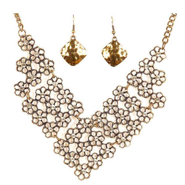 Tip Top Fashions Antique Gold Floral Statement Necklace Set - 1103020