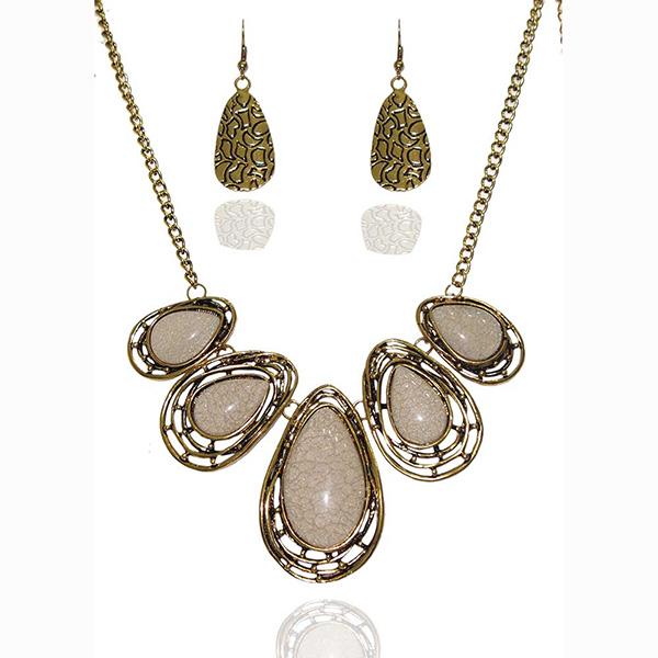 Jeweljunk Stone Antique Gold Plated Statement Necklace Set - 1103217