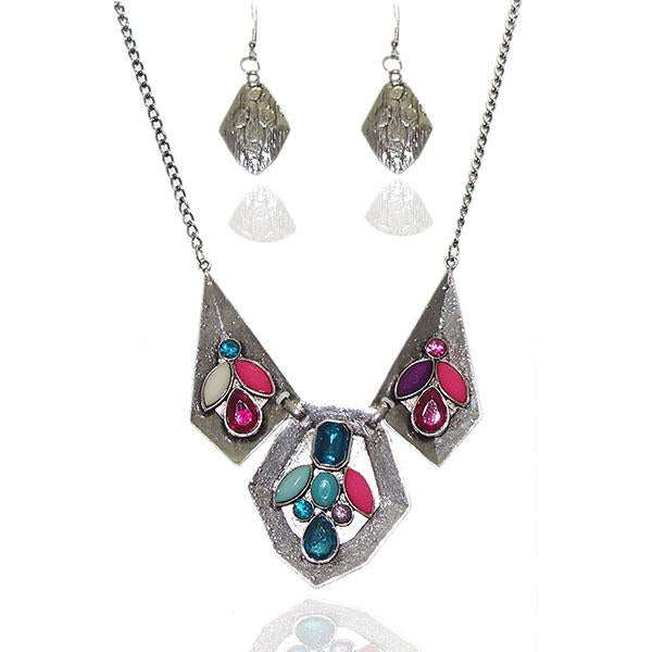 Beadside Multicolor Stones Silver Plated Statement Necklace Set - 1103432