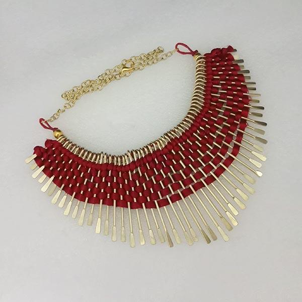 Urthn Gold Plated Maroon Thread Statement Necklace - 1104143I