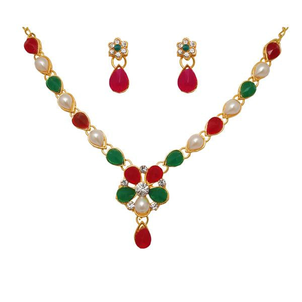Kriaa Green Pota Stone Pearl Gold Plated Necklace Set