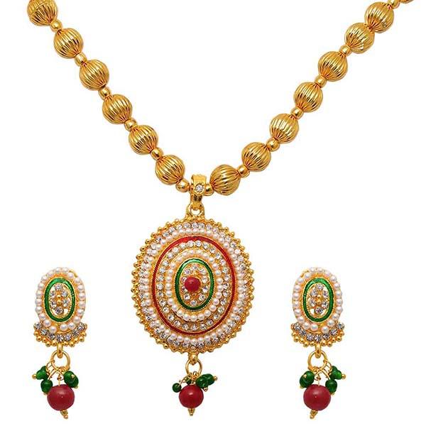 Kriaa Austrian Stone Red Green Meenakari Pearl Gold Plated Necklace Set - 1104527