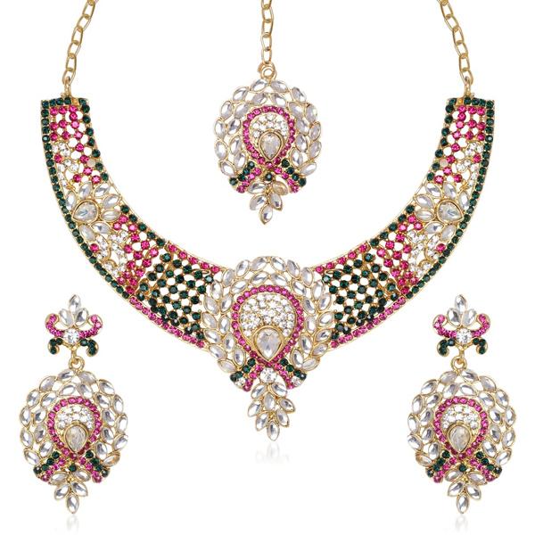 Kriaa Green & Pink Austrian Stone Gold Plated Necklace Set With Maang Tikka