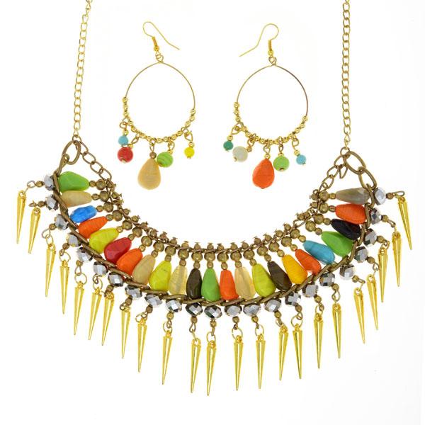 Tip Top Fashions Multicolor Beads Gold Plated Statement Necklace Set - 1105606
