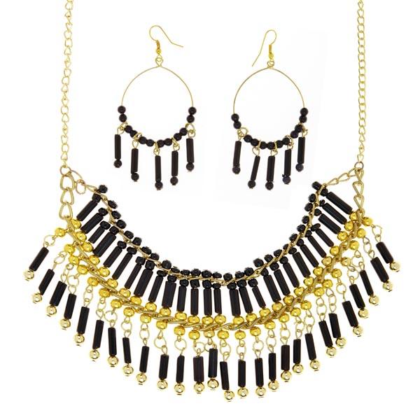 Tip Top Fashions Black Beads Gold Plated Statement Necklace Set - 1105608