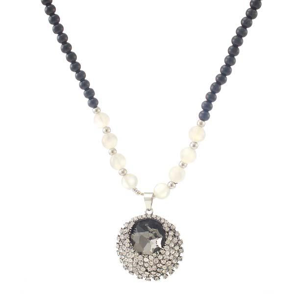 Urthn Black Beads White Austrian Stone Statement Necklace - 1105720