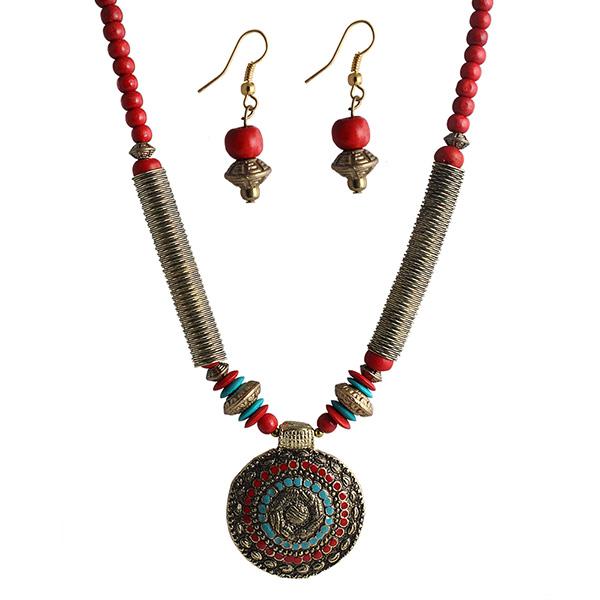 Beadside Red Beads Antique Gold Necklace Set - 1105907A